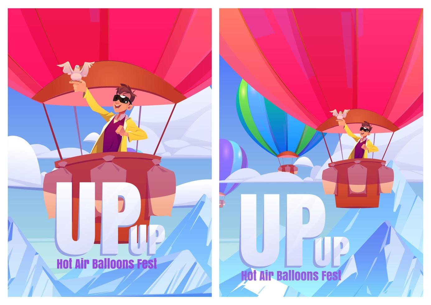 Hot air balloons fest cartoon posters, tourism vector