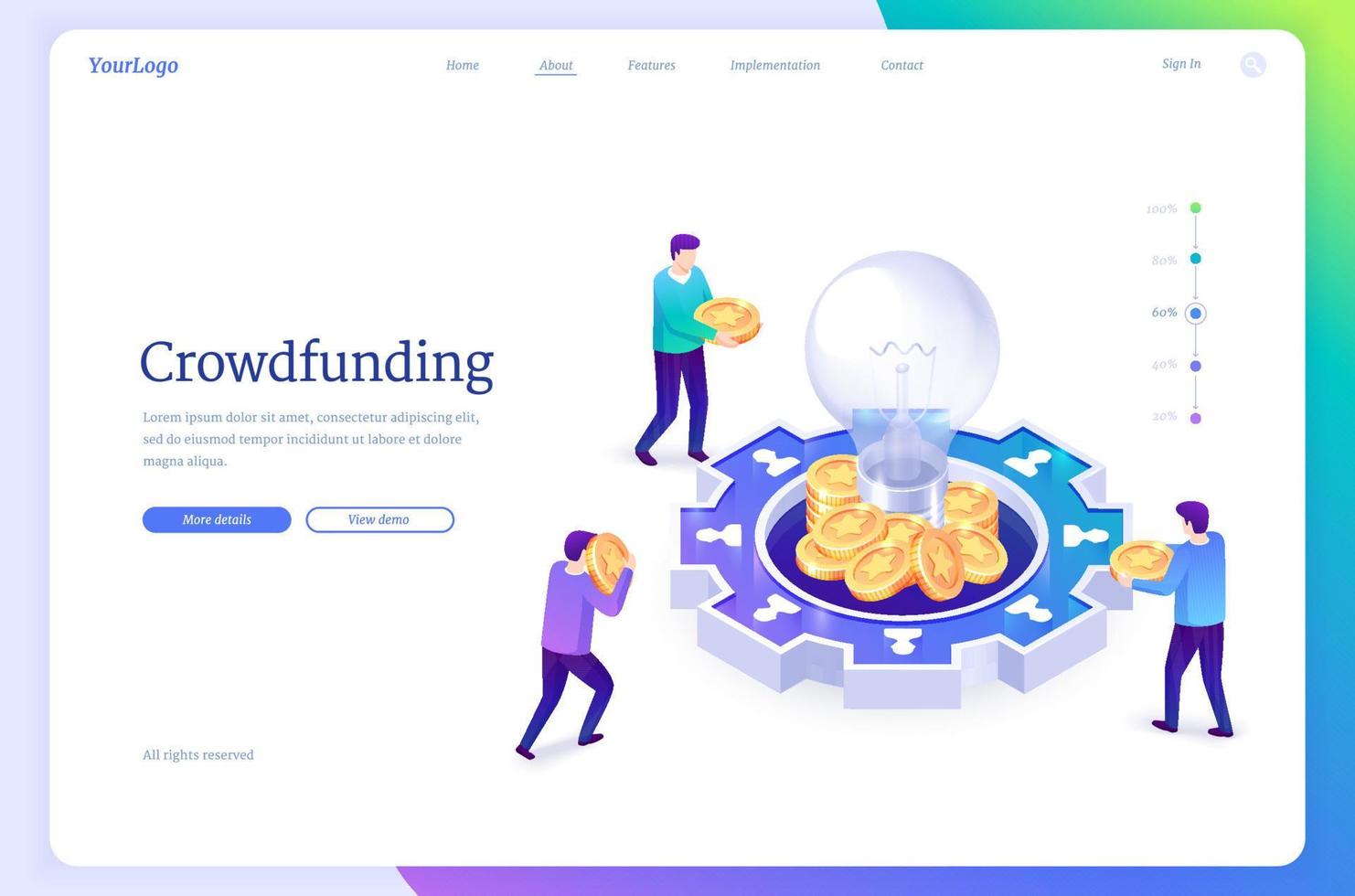 Crowdfunding isometric landing. money donation vector