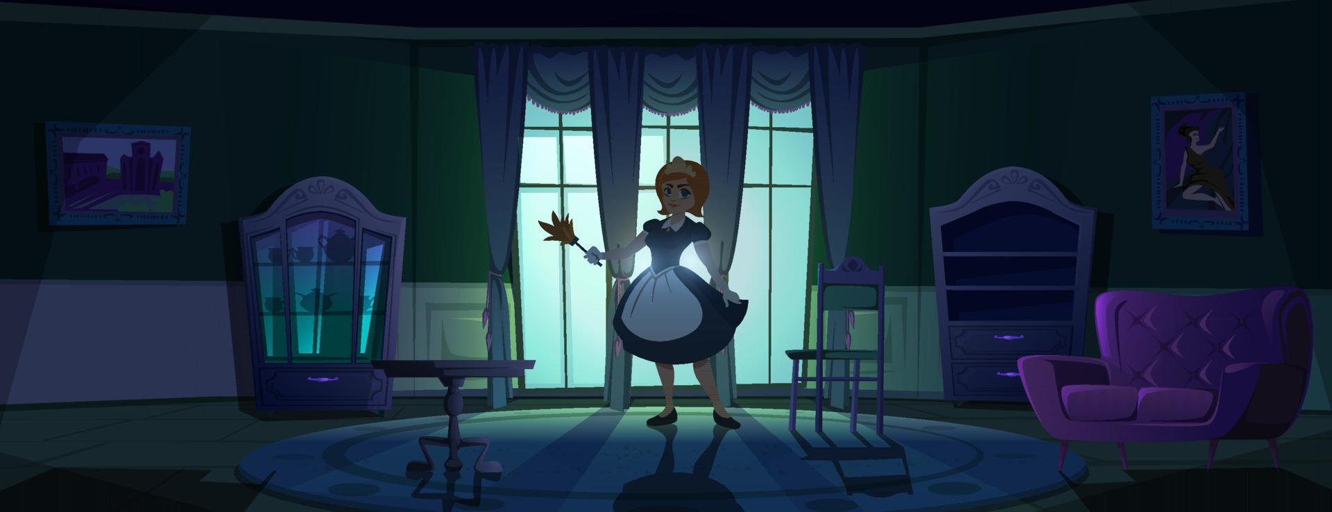 Maid in apron in dark living room at night vector