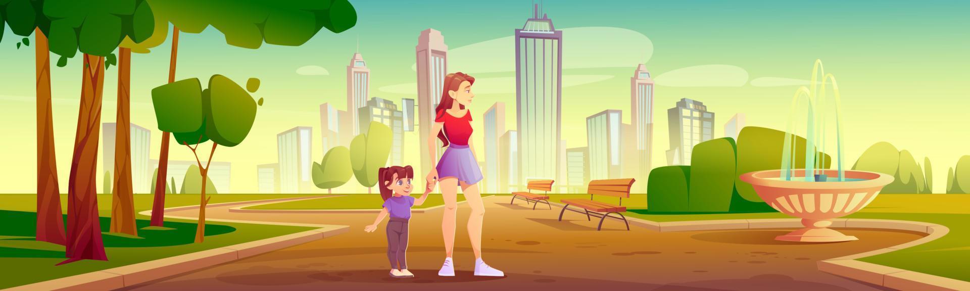 madre e hija pequeña caminan en el parque de la ciudad. vector