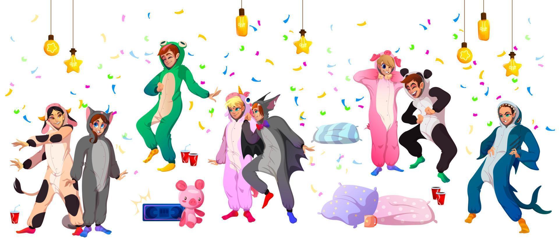 fiesta de pijamas kigurumi, jóvenes disfrazados de animales vector