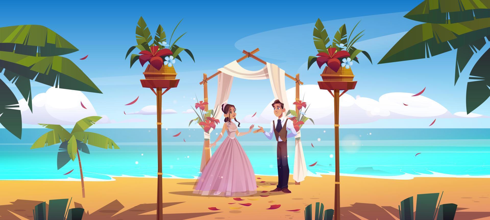 boda en la playa, novia y novio pareja de recién casados vector