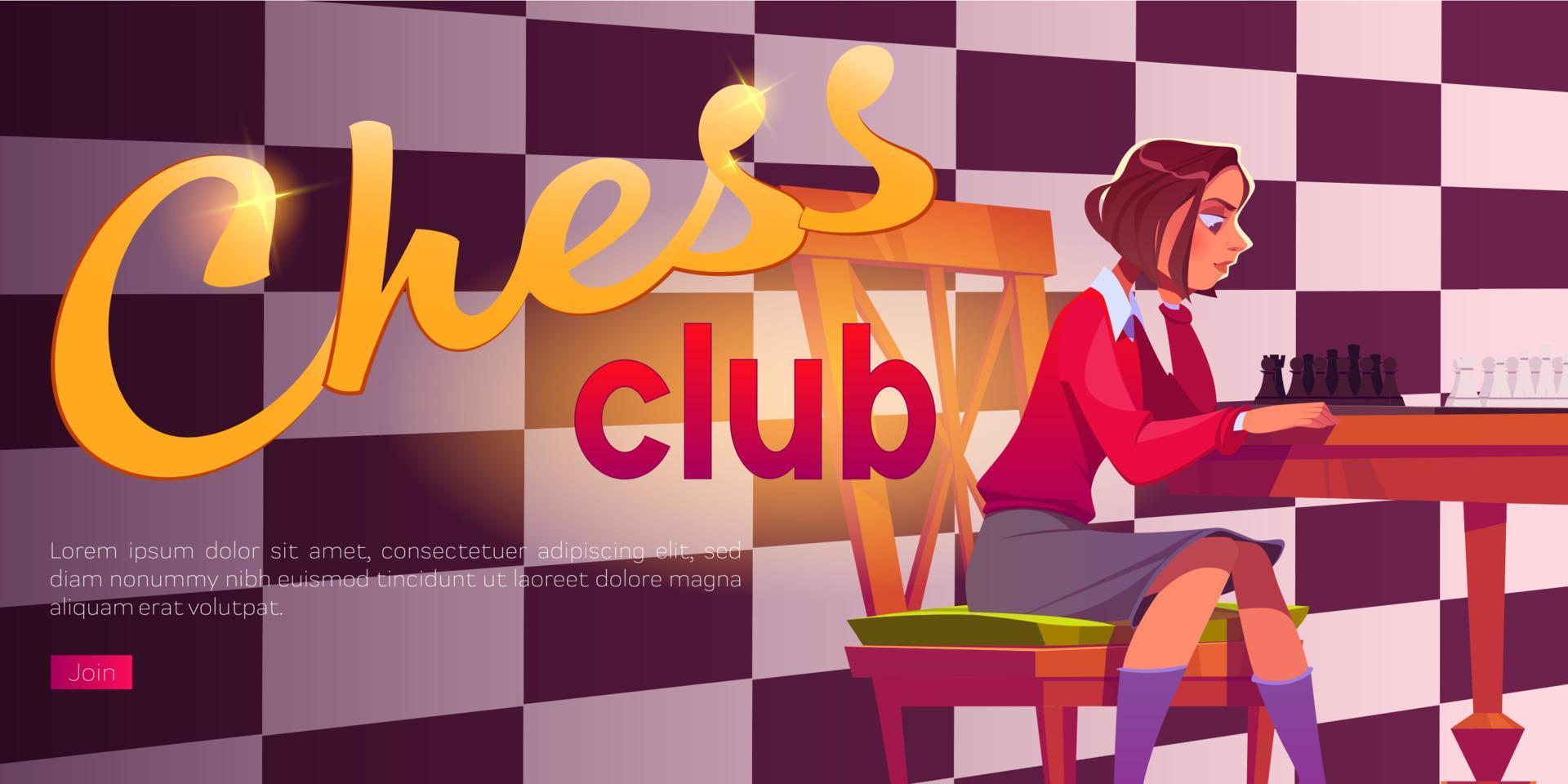 cartel del club de ajedrez con una chica jugando al ajedrez vector