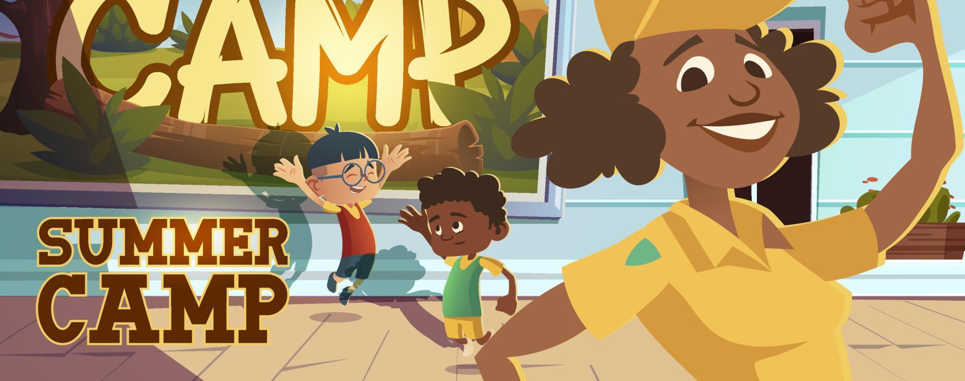 Summer camp poster with people going to hike vector