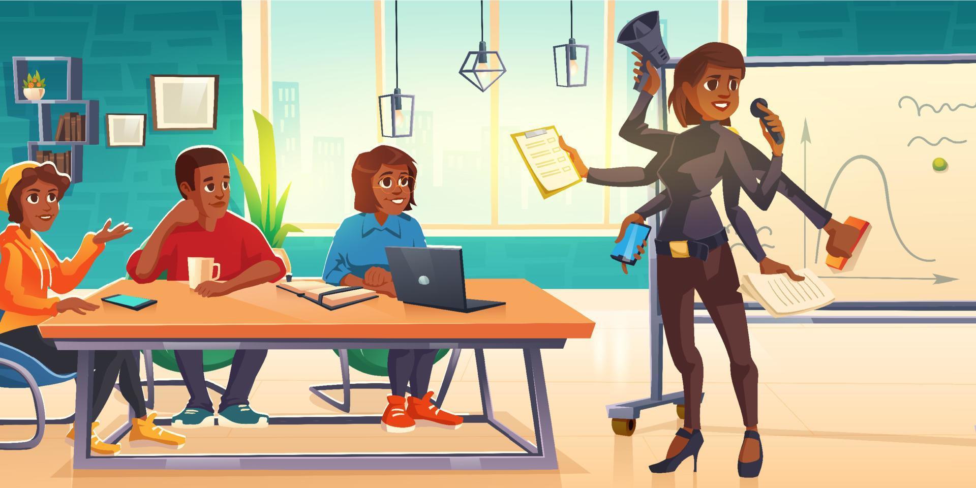 Multi task business woman with many arms meeting vector