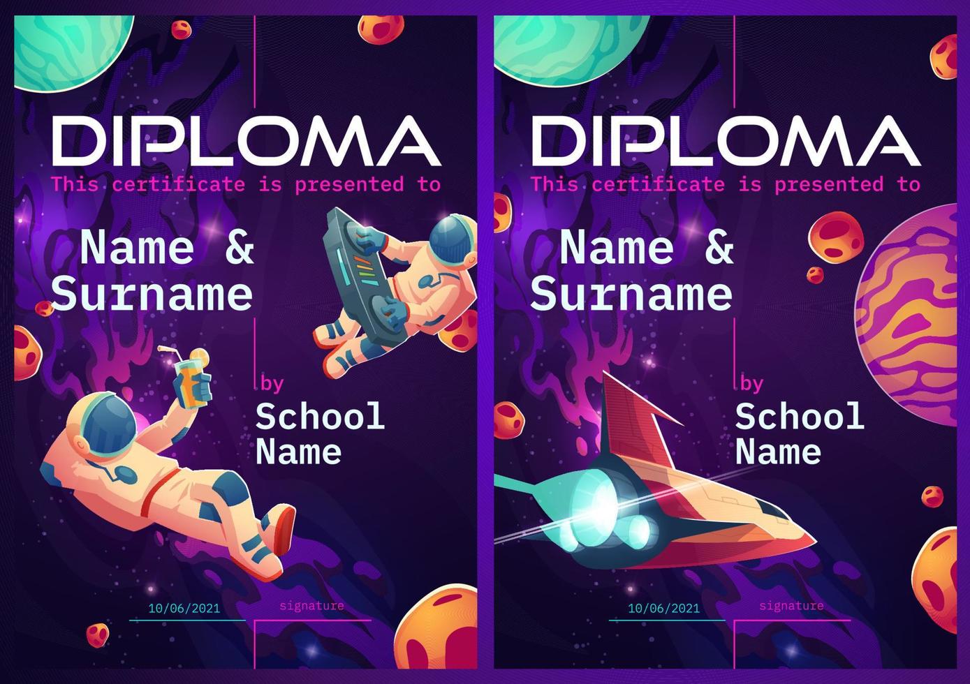 Vector diploma for kids with cosmos design