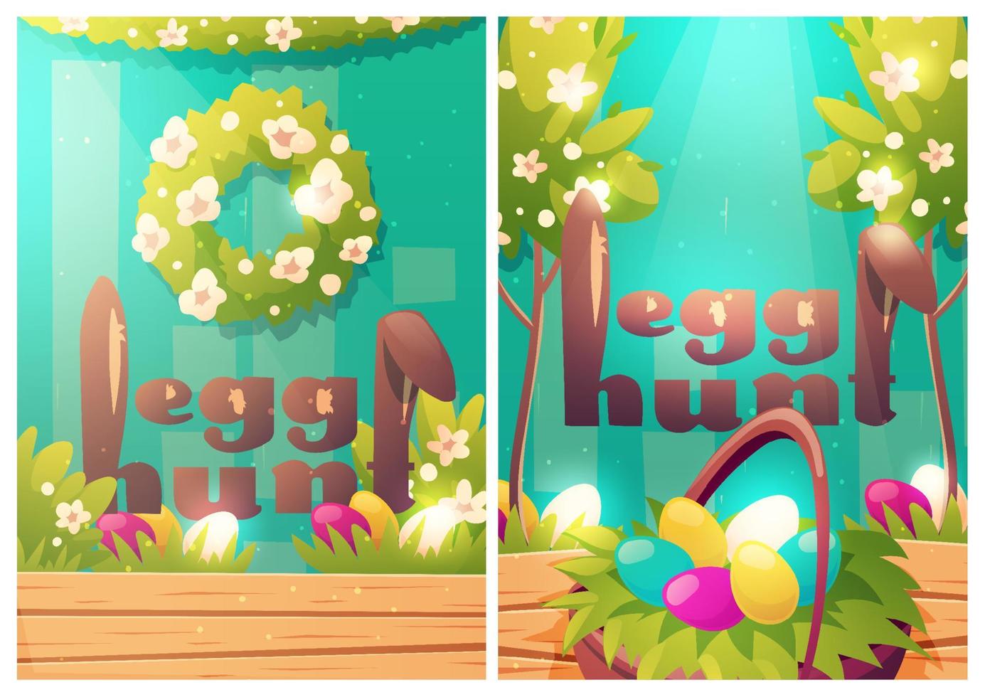 Easter egg hunt cartoon posters with rabbit ears vector