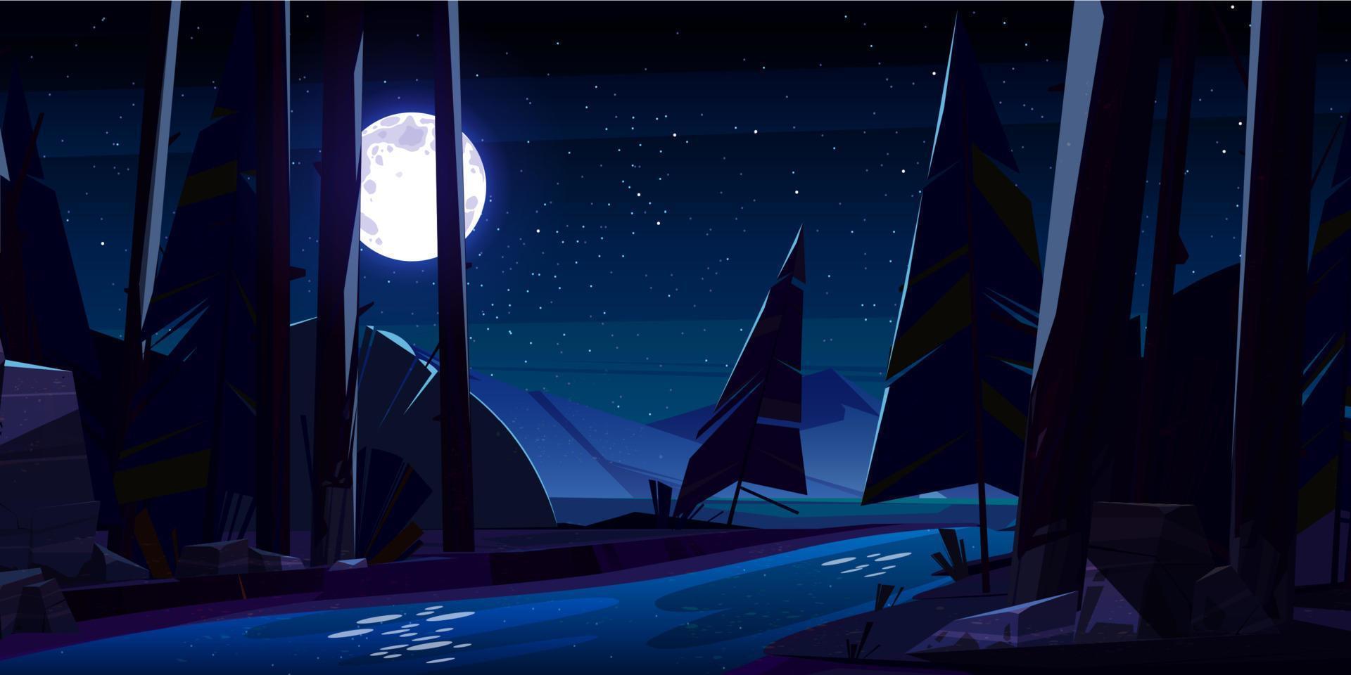 Night forest with river and mountains, nature vector