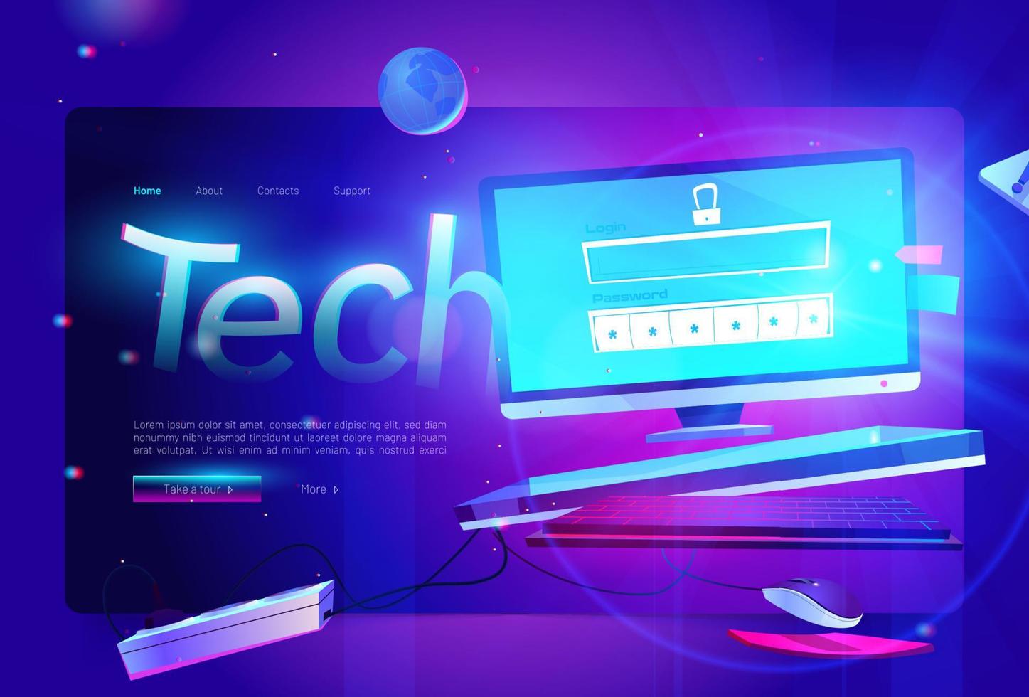 Tech banner illustration of desktop computer vector