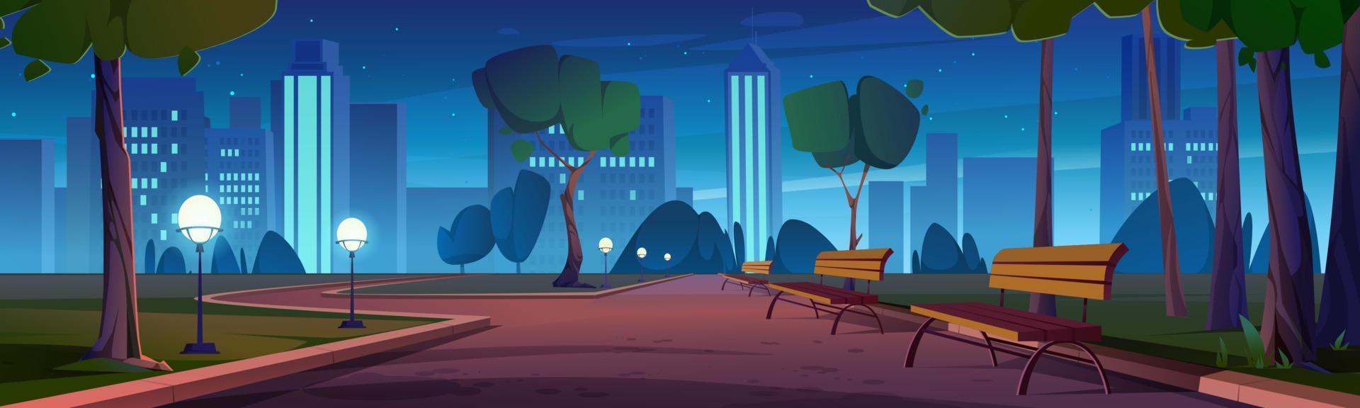 City park with benches and lanterns at night vector