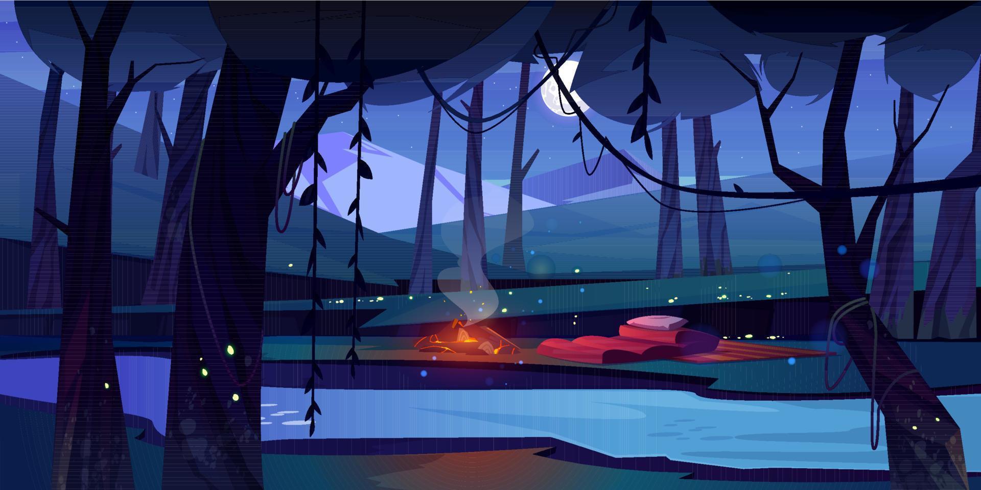 Night forest with camp, fire, river and mountains vector