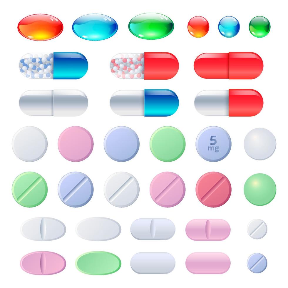 Pills, tablets and medicine drugs, capsules set vector