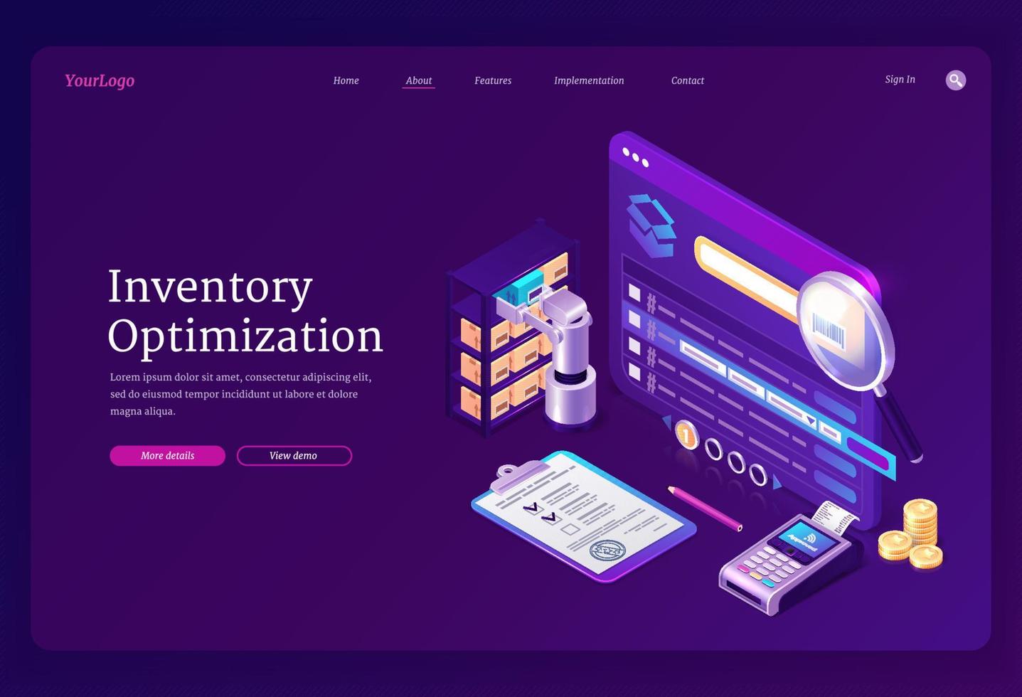 Inventory optimization in warehouse. Vector