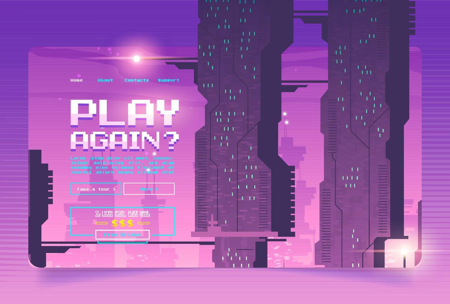 Arcade game banner with futuristic city background vector