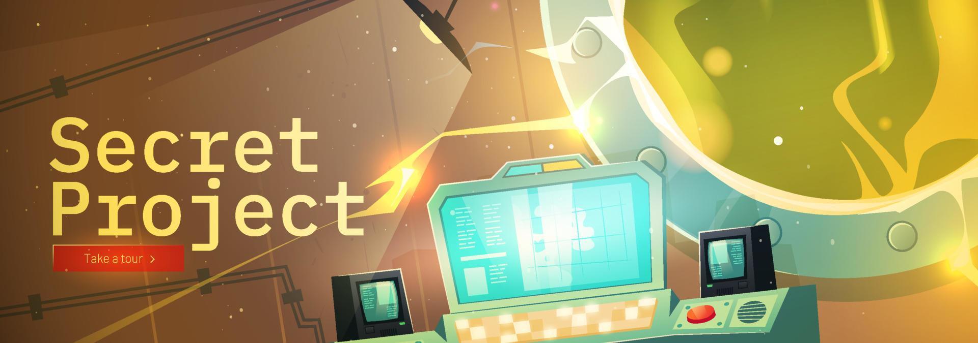 Secret project cartoon banner, scientific bunker vector