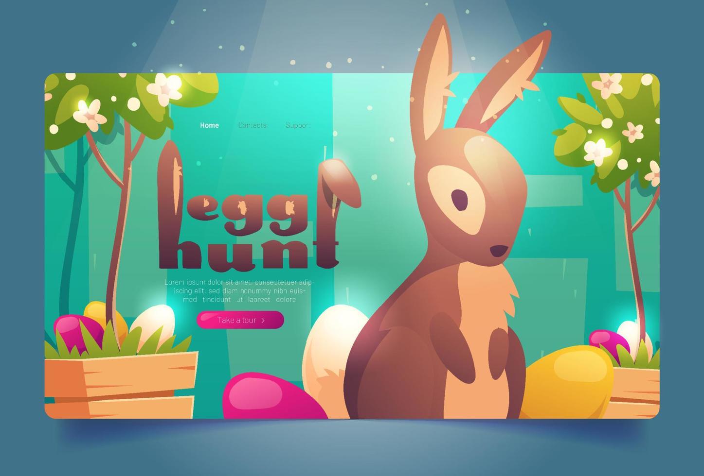 banner de búsqueda de huevos de pascua con conejito y flores vector