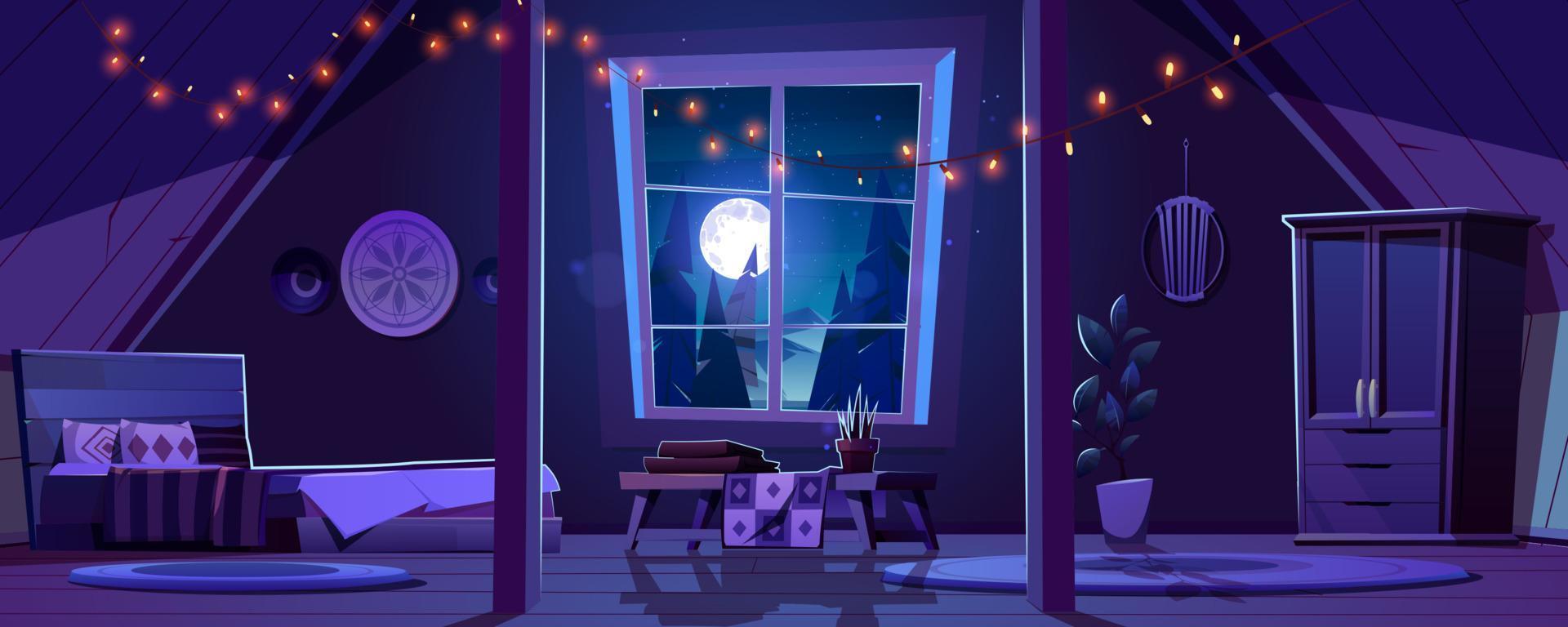 Bedroom interior in boho style on attic at night vector