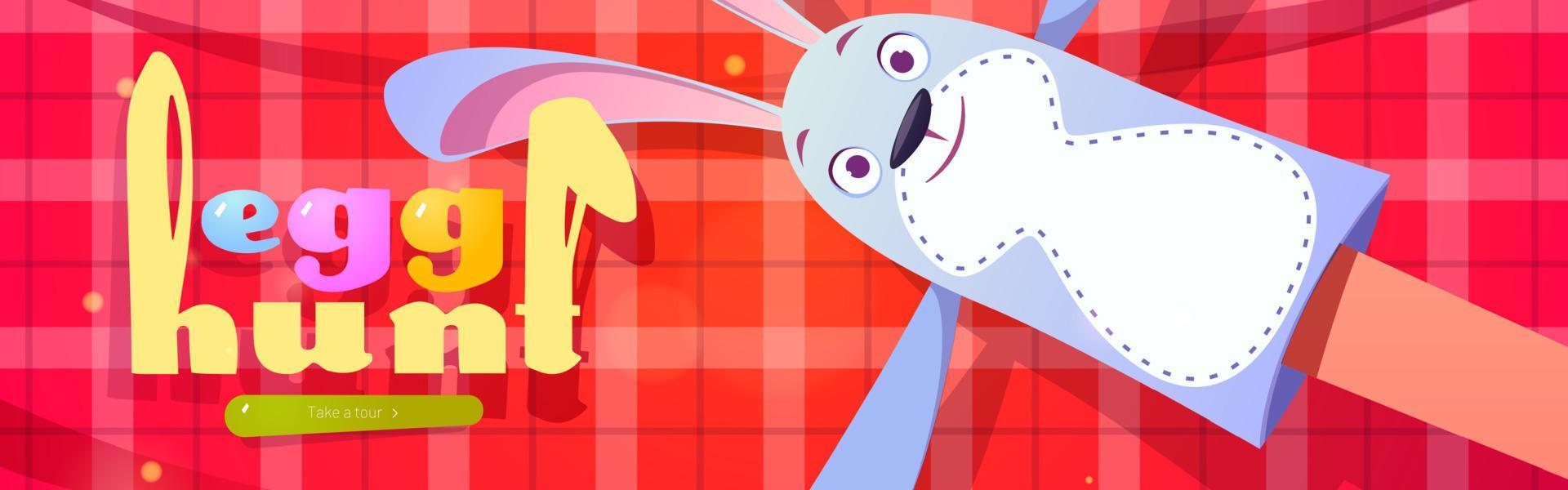 Egg hunt cartoon web banner with funny rabbit toy vector