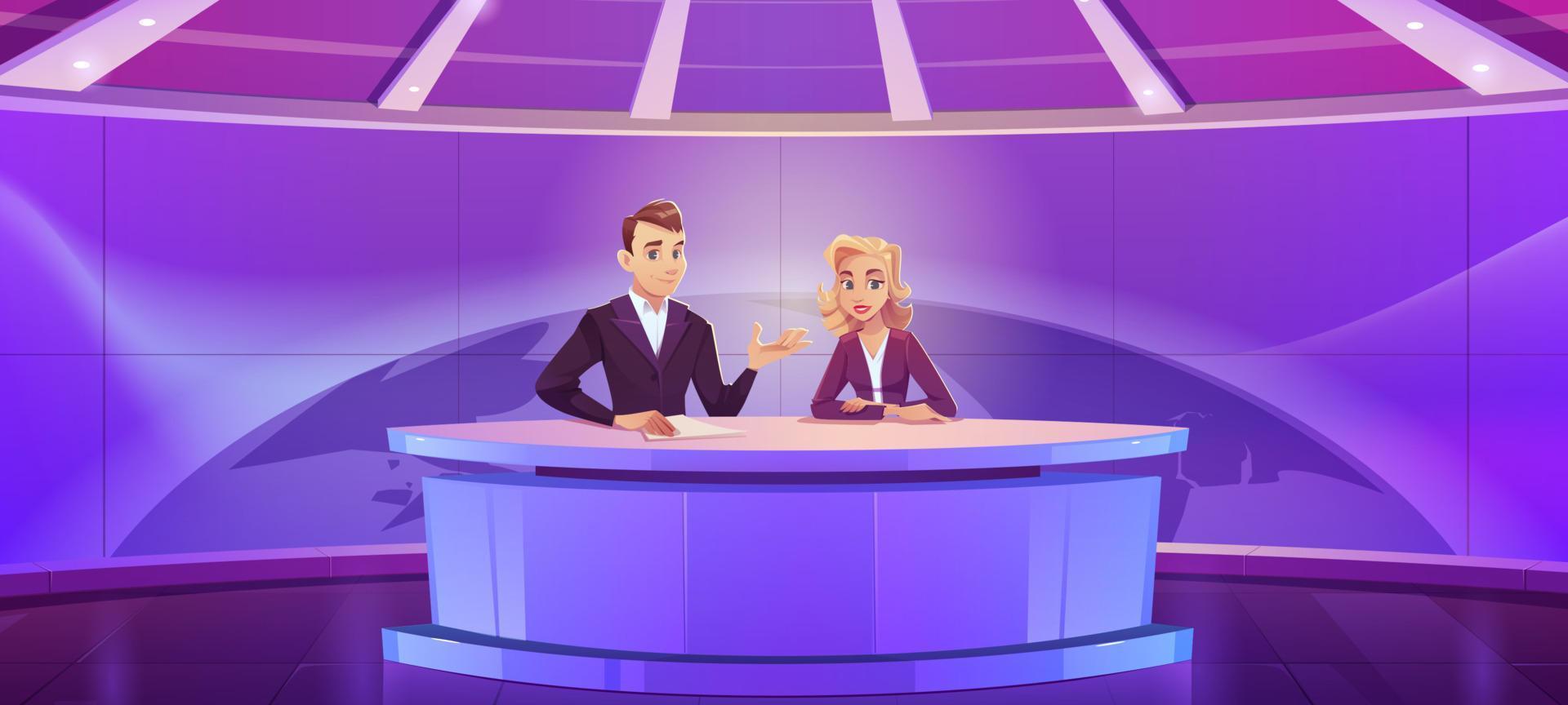 Tv presenters broadcasting news in modern studio vector