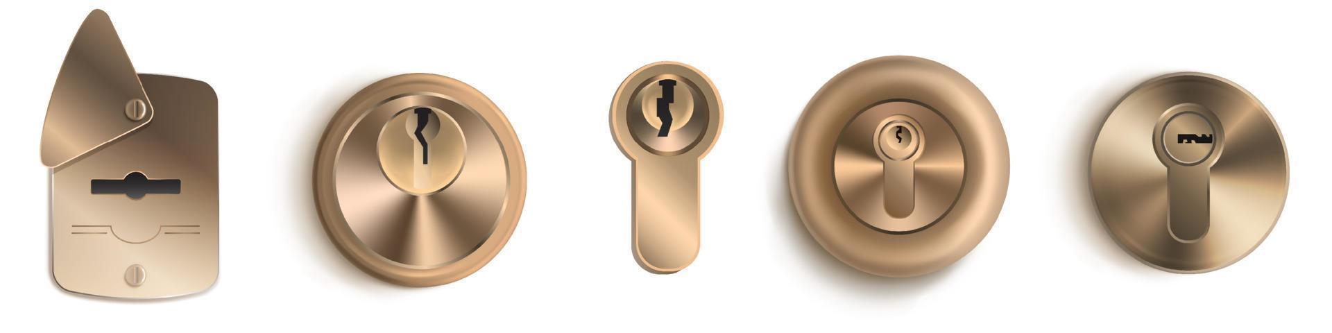 Gold keyholes 3d templates, Detailed mockup set vector