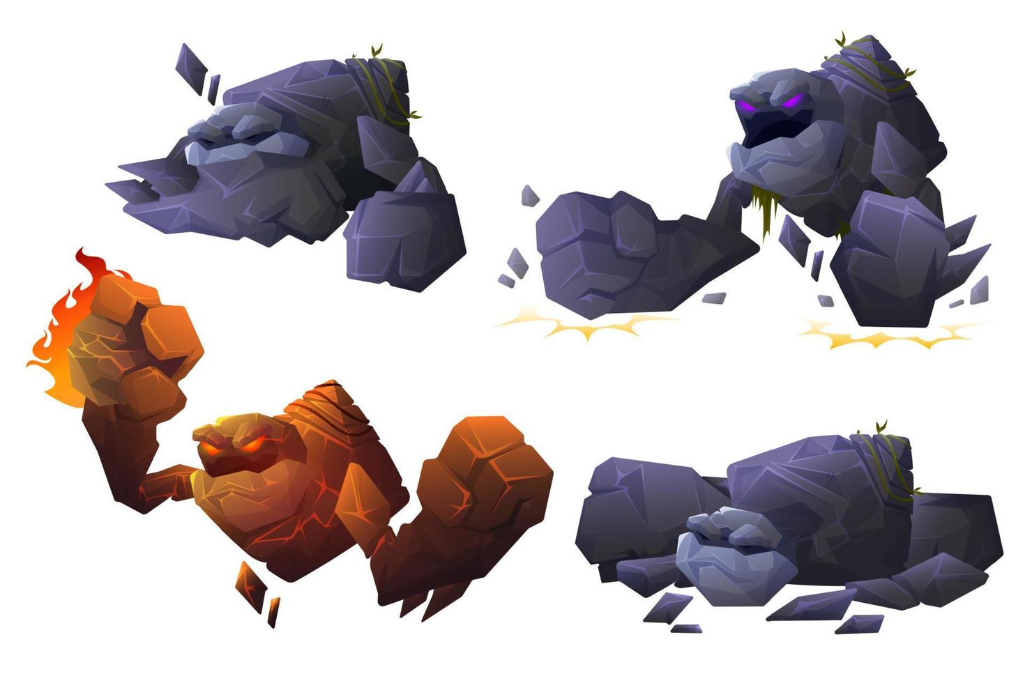 Stone and lava golem characters in different poses vector