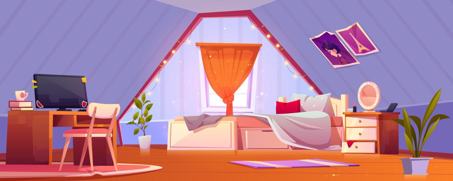 Girl bedroom interior on attic. Teen mansard room vector