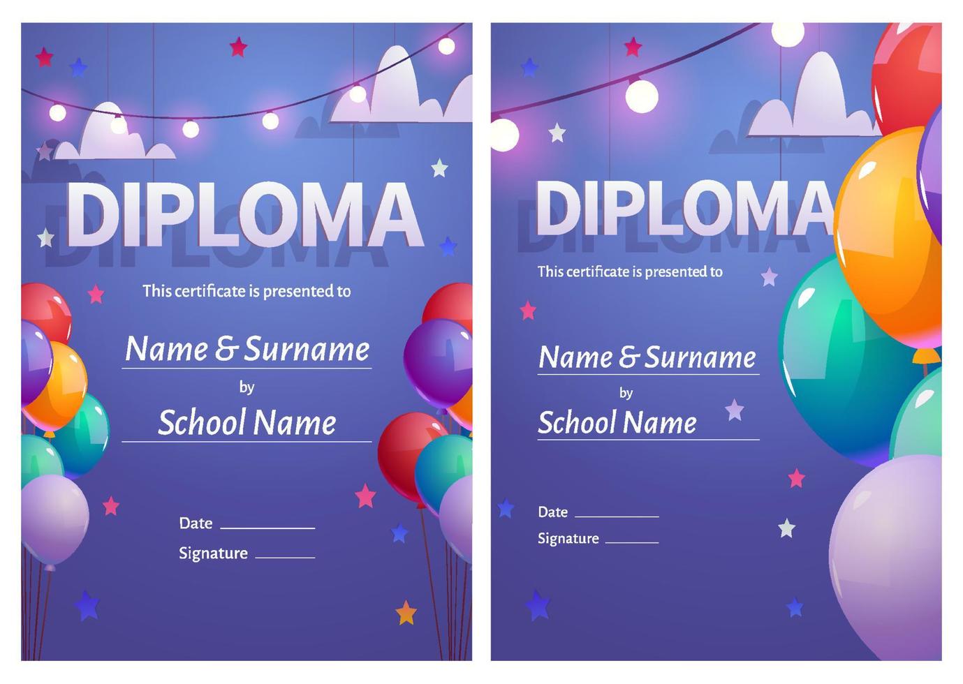 Vector diploma for kids with colorful balloons