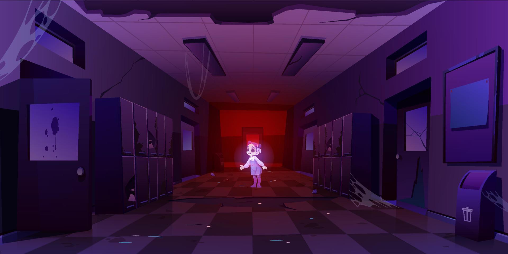 Girl ghost in old dirty school hallway at night vector