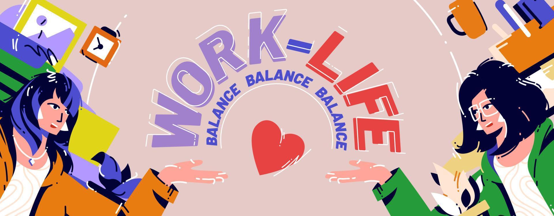 Work and life balance cartoon poster, banner vector