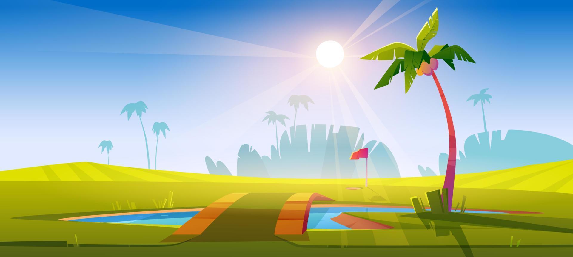 Golf course with green grass and pond vector