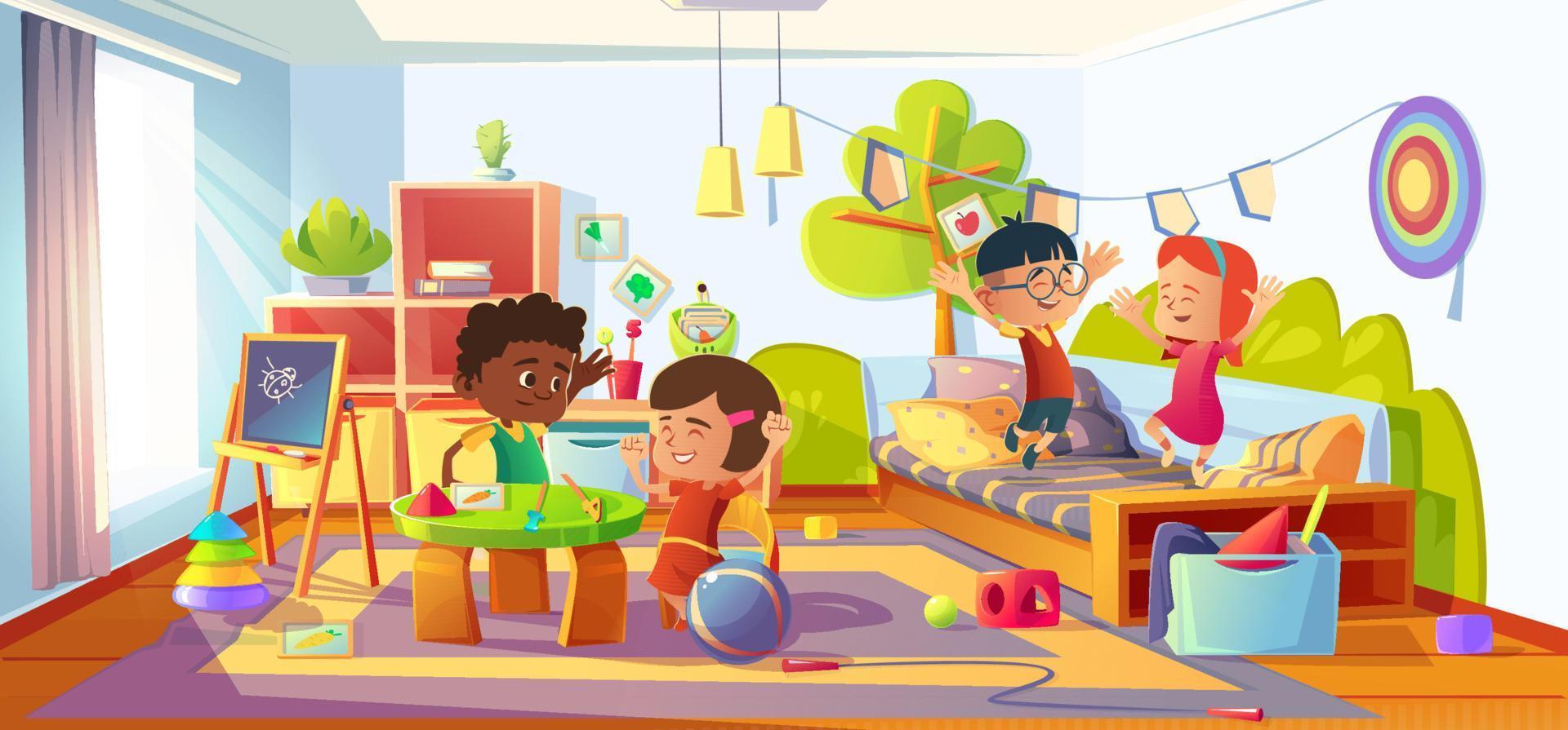 Kids playing in room, children in home or nursery vector