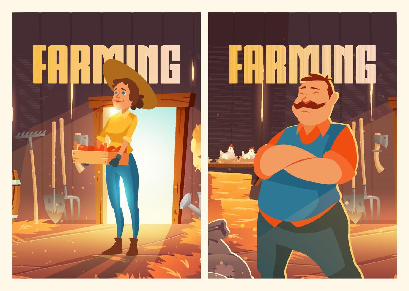 Farming posters with man and woman in barn vector