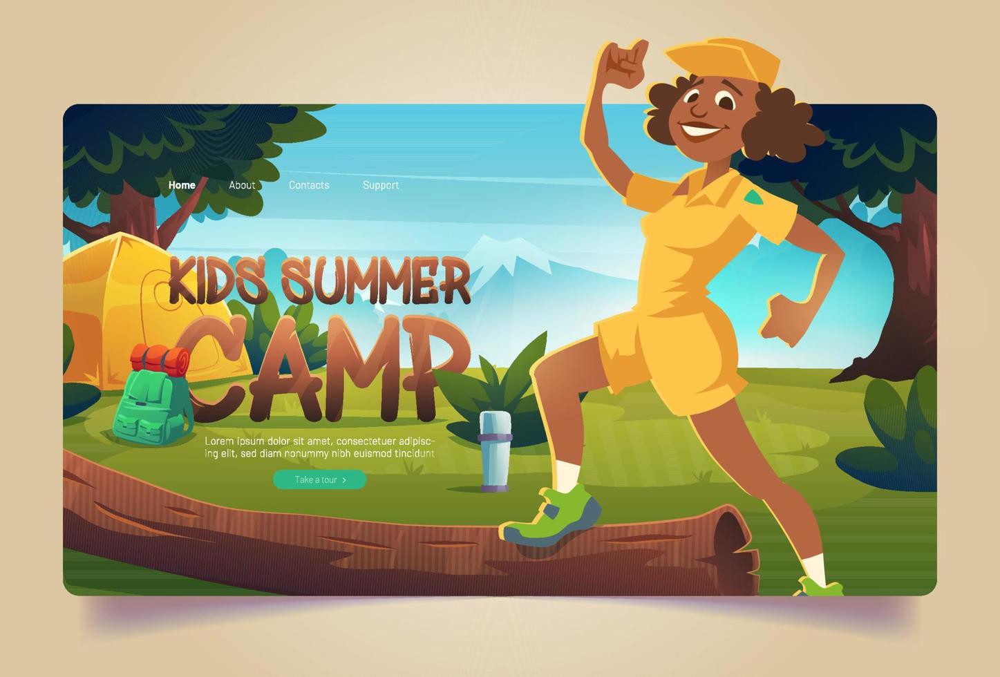 Kids summer camp cartoon landing with counselor vector