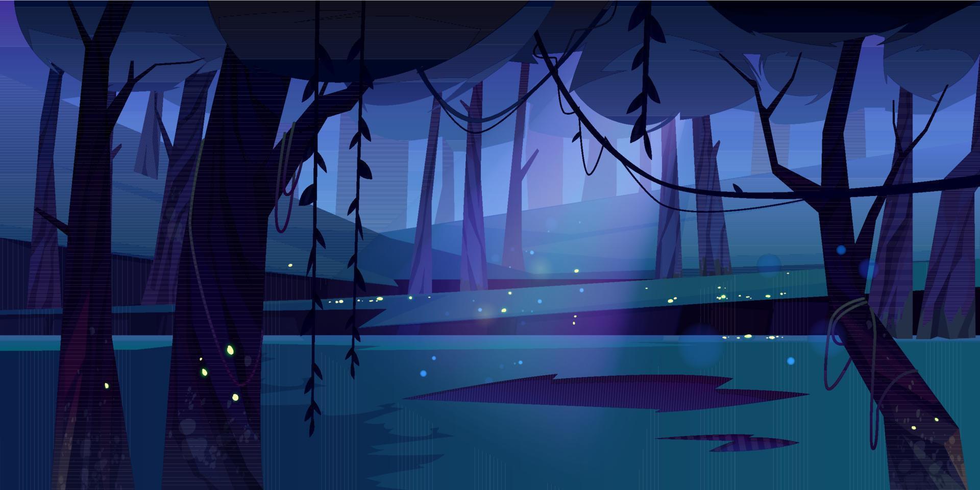 Summer forest glade with flying fireflies at night 14484807 Vector Art ...