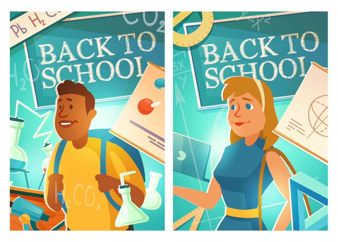 carteles de dibujos animados de regreso a la escuela con estudiantes. vector