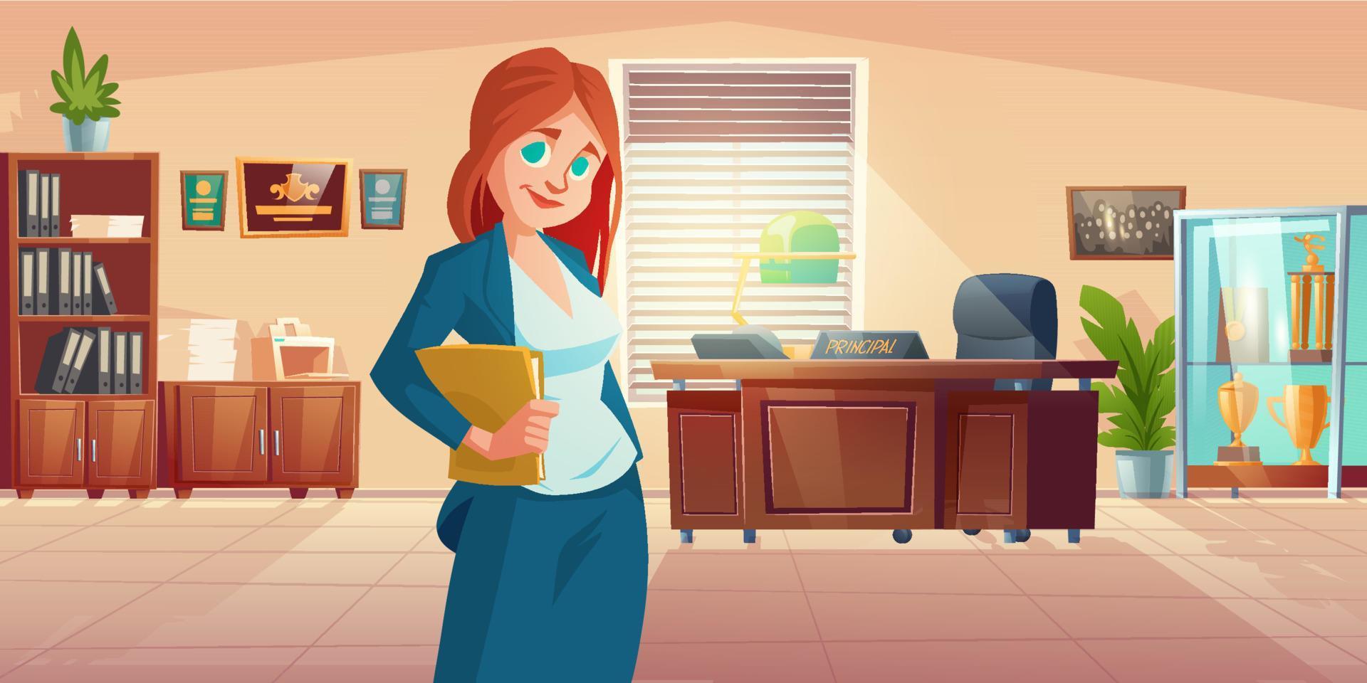 Woman principal in school office with desk, c vector
