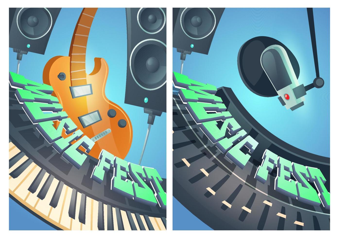 Music fest cartoon posters with electric guitar vector