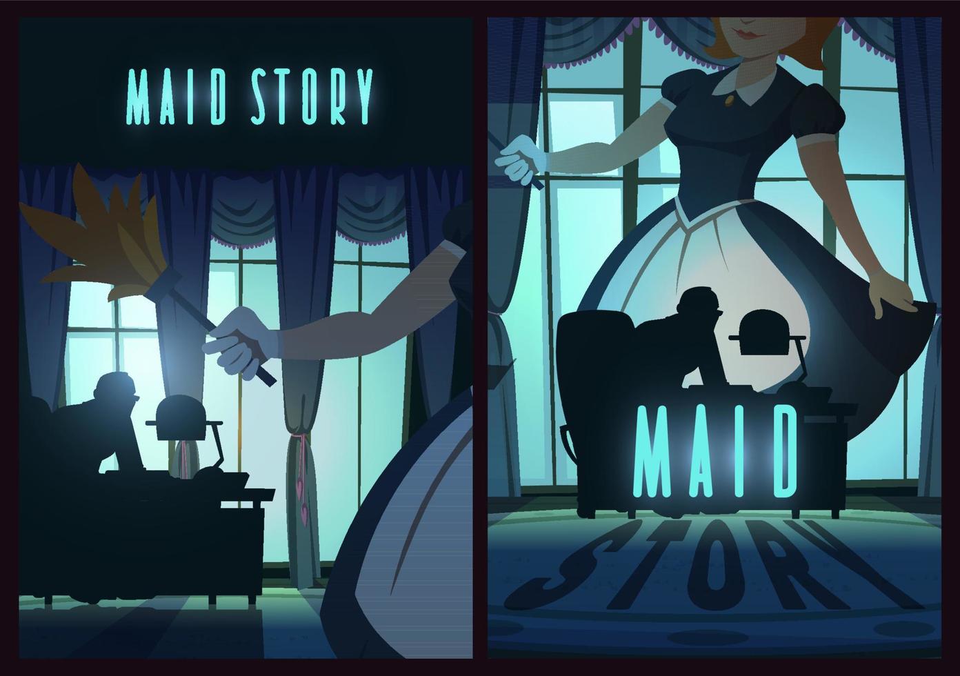 Maid story poster with woman in apron in dark room vector