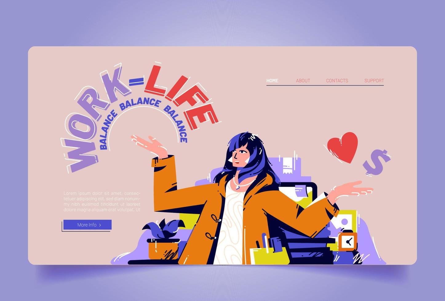 página de inicio de dibujos animados de equilibrio de trabajo y vida, pancarta vector