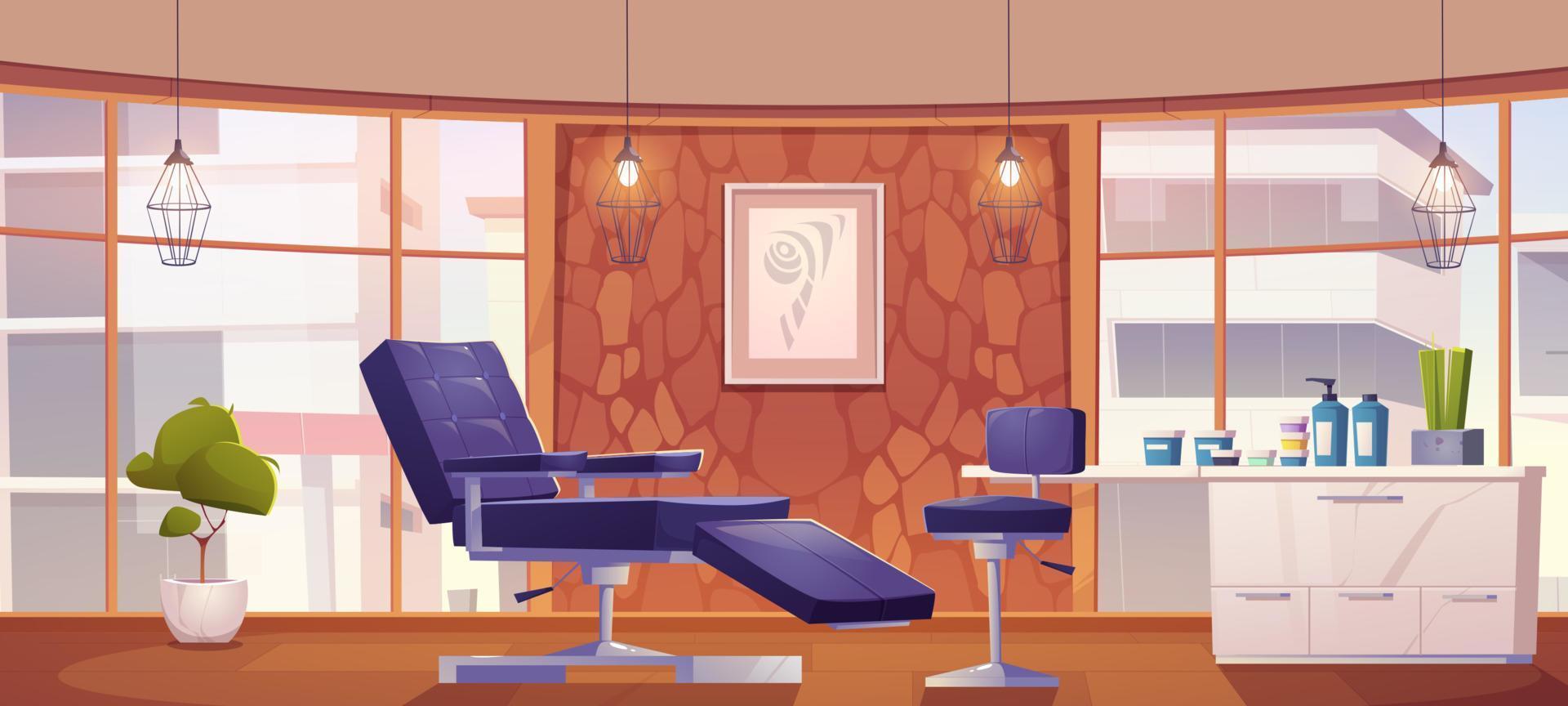 Tattoo salon interior with chairs and cosmetics vector