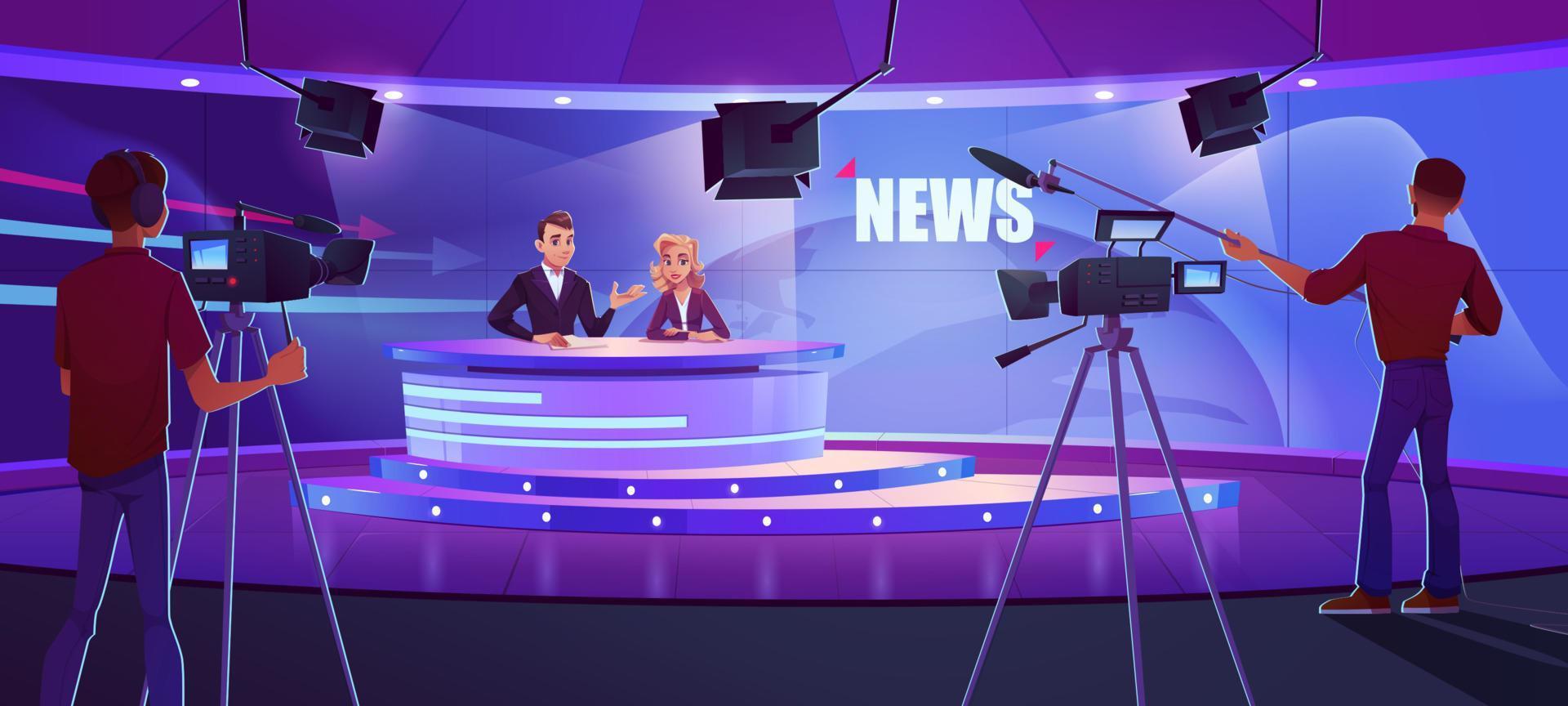 presentadores de televisión que transmiten noticias en un estudio moderno vector