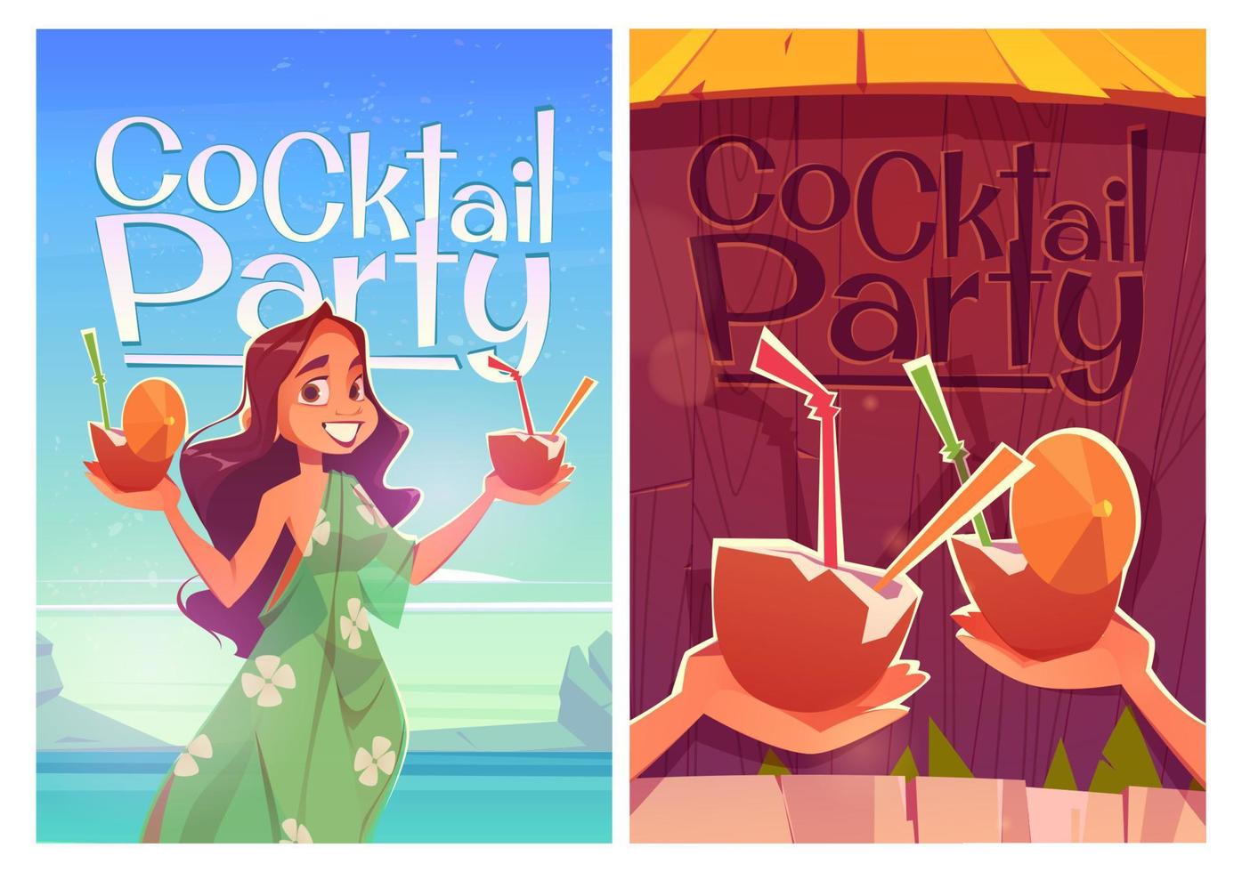 Cocktail party posters with woman on sea beach vector