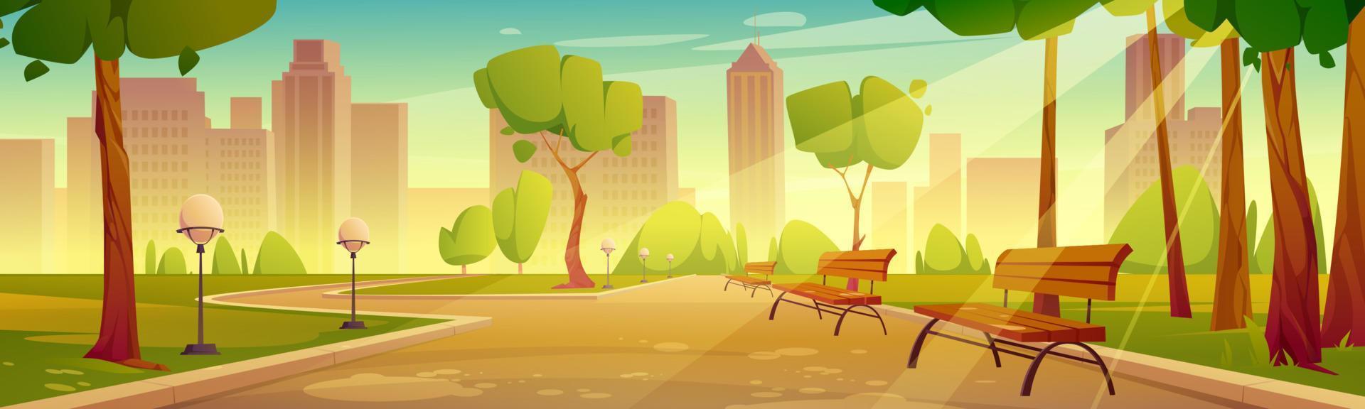 City park with benches summer scenery landscape vector