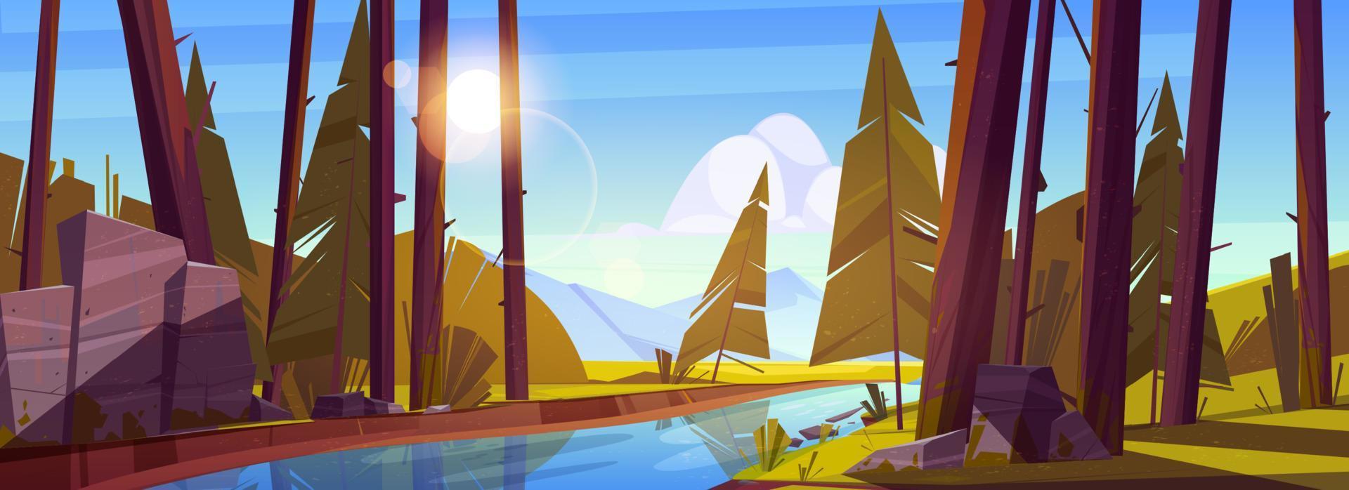 Summer forest with river and mountains vector