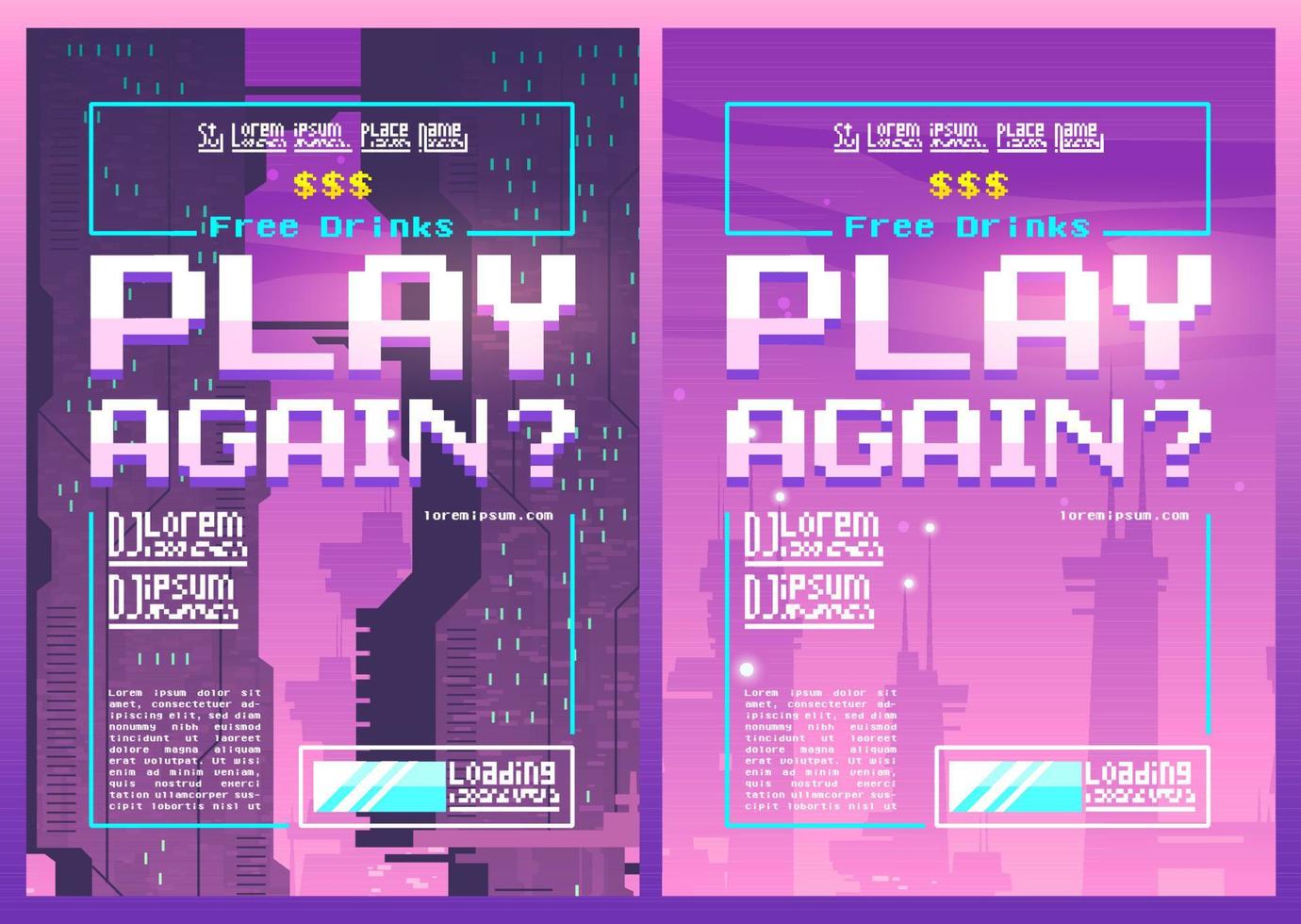 Play again pixel art poster for night or game club vector