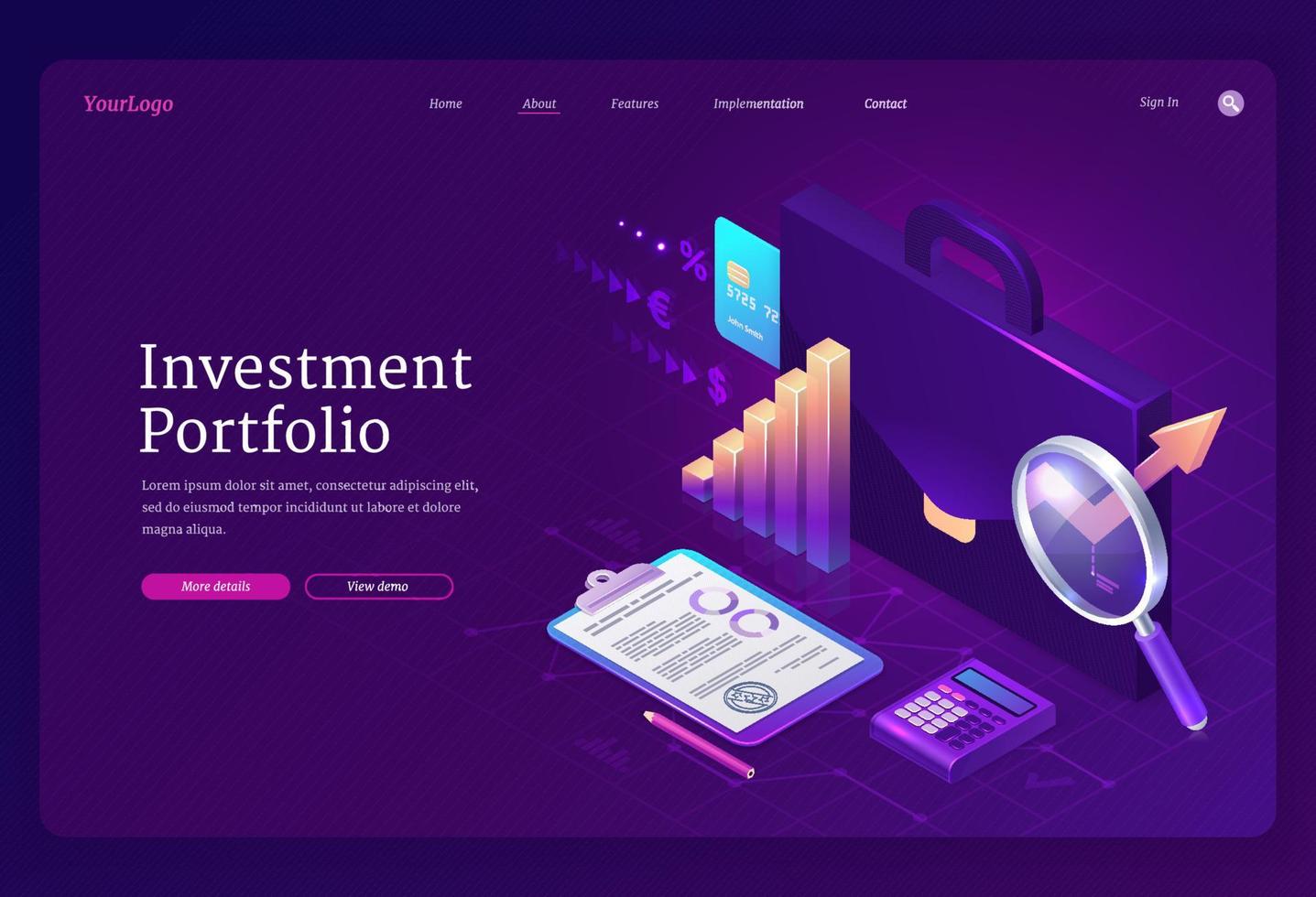 Investment portfolio isometric landing page banner vector