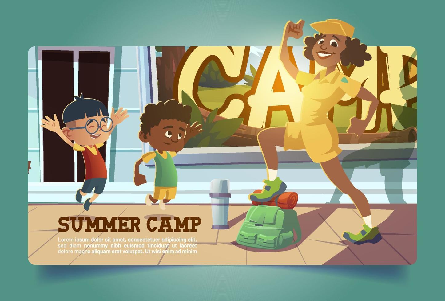 cartel de campamento de verano con gente que va de excursión vector