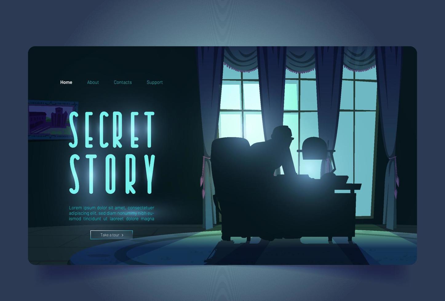 Secret story tour banner with spy in night office vector