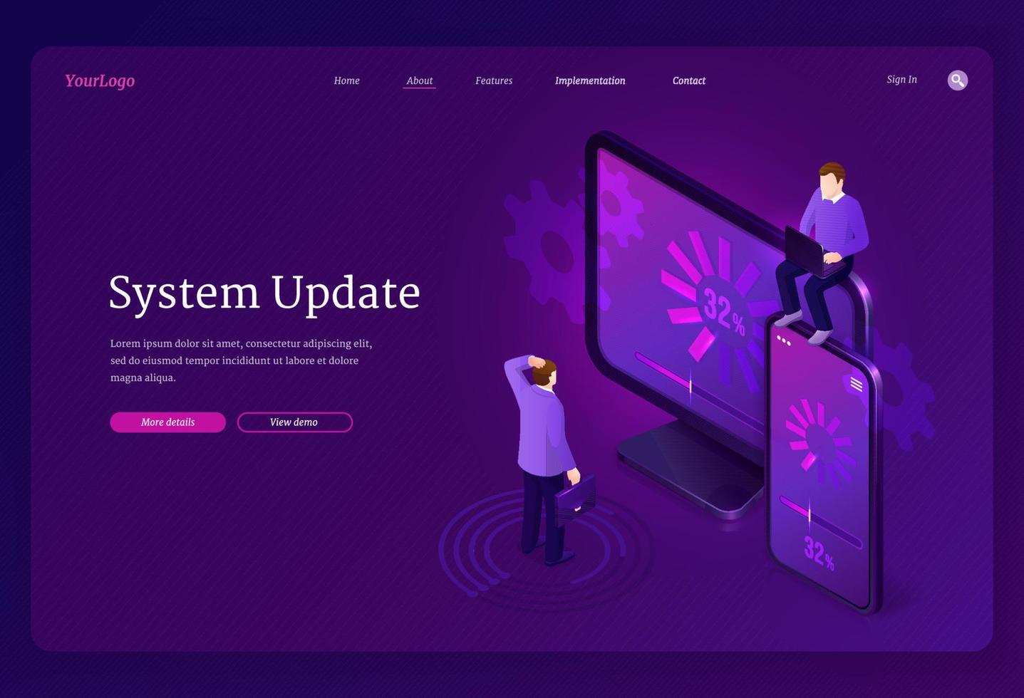 System update isometric landing page, web banner vector