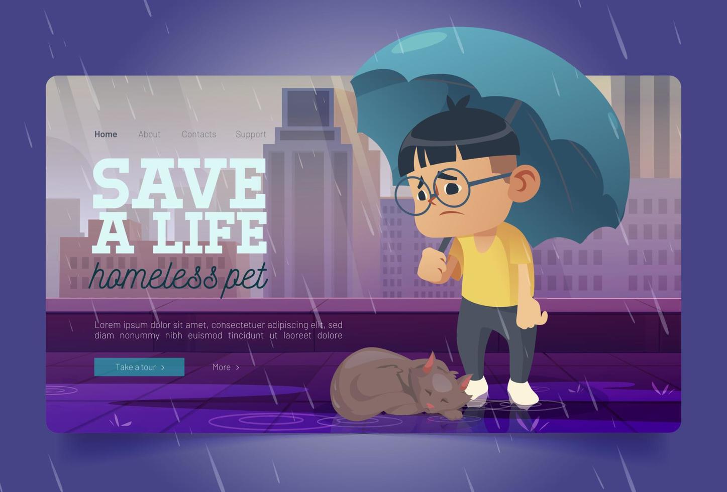 Save homeless pet banner with poor cat and boy vector